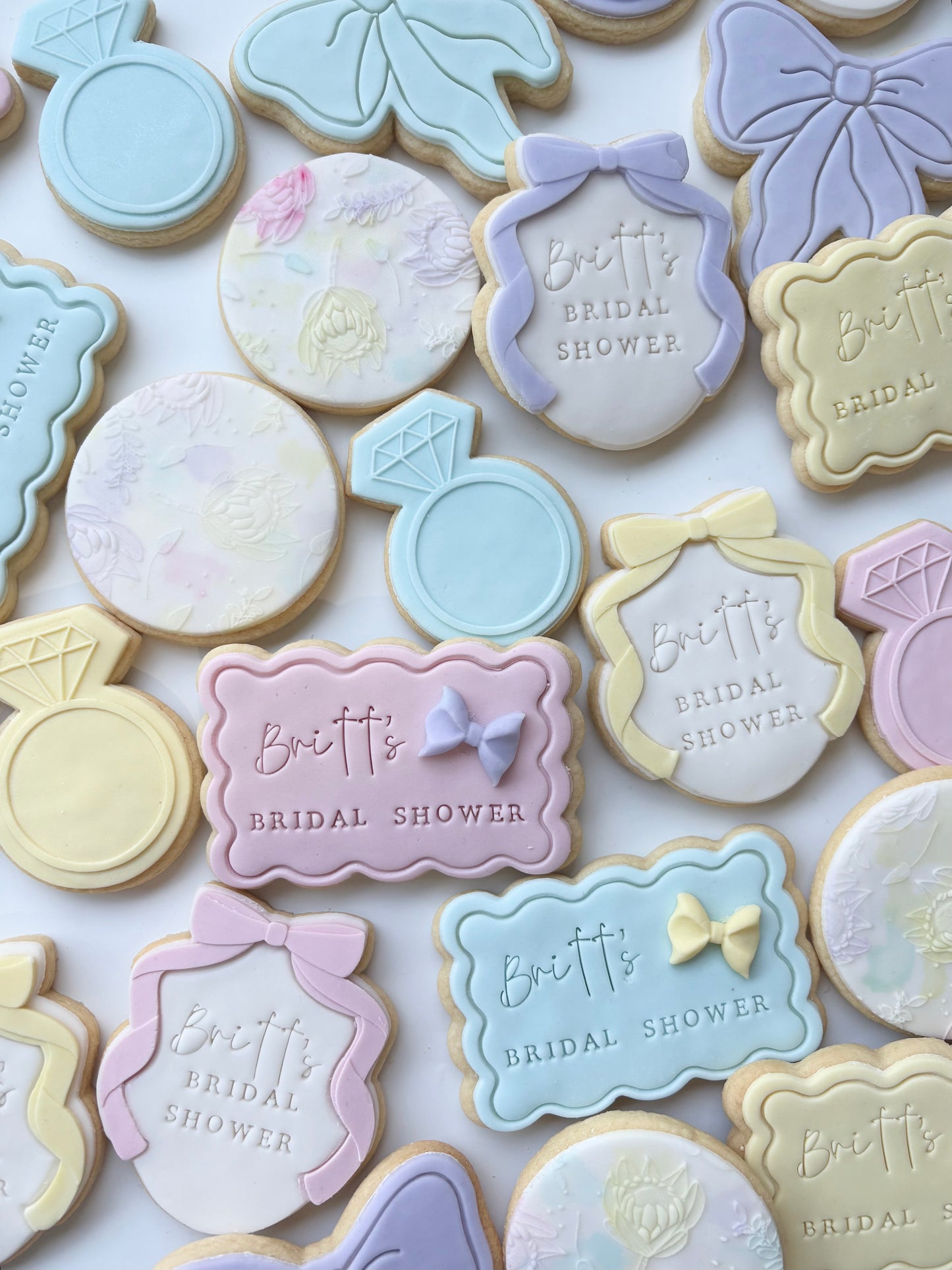 BRIDAL SHOWER-PERSONALISED COOKIES PASTEL BOW AND RING COLLECTION